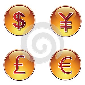 Vector glossy 3D round buttons with currency symbols, for website or software userinterface
